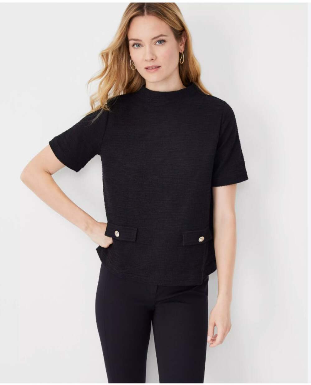 ANN TAYLOR Women's Black Tweed Short Sleeve Mock Neck Top Black Blouse // XS